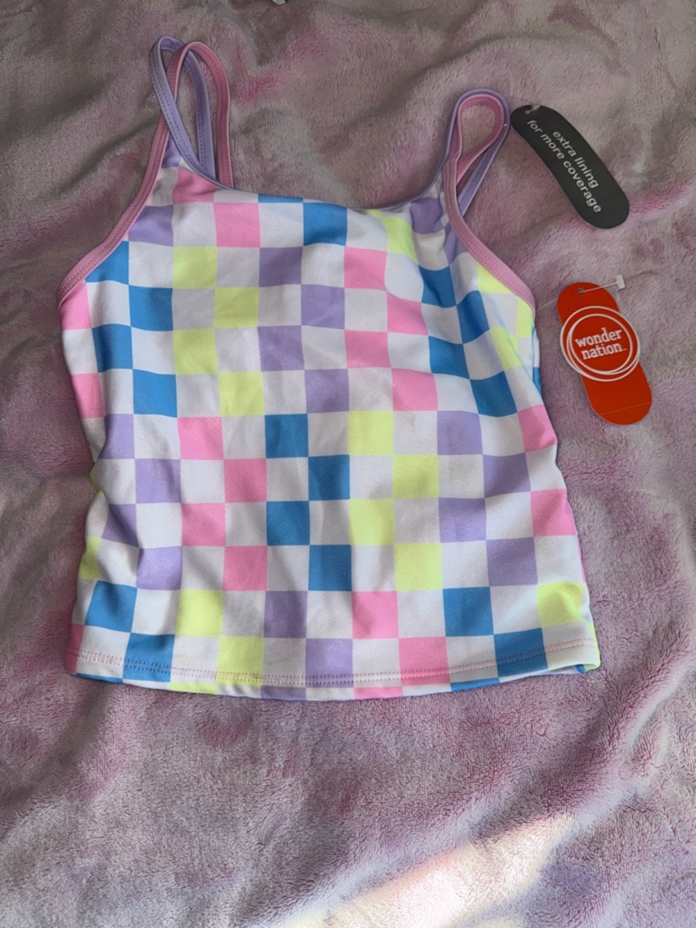 wonder nation Pink Blue Purple Yellow Checkered Girls Tankini Top
